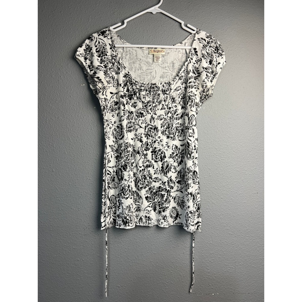Self Esteem Womens Black White Floral Smocked Square Neck Blouse Top Small